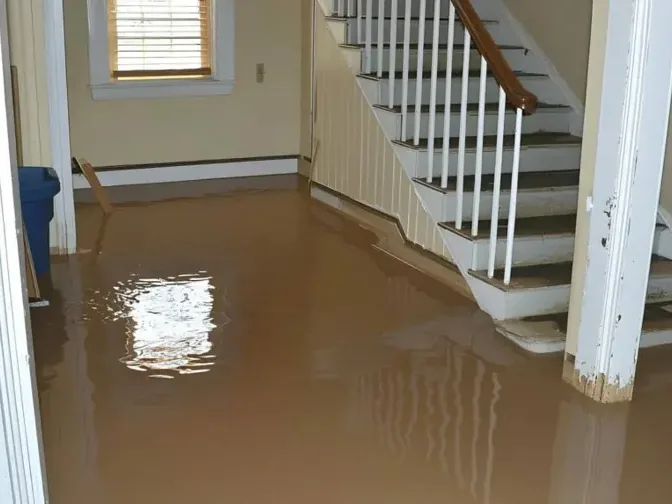 Dirty water pooled at the base of the stairs in a hallway before it is extracted