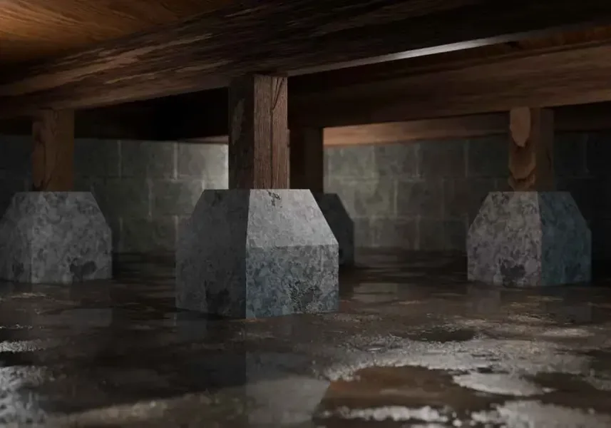 Standing water pooled around the support piers of a crawl space