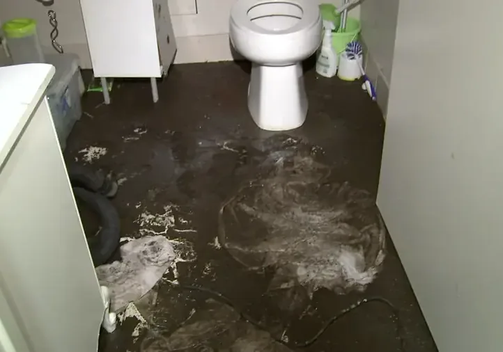 Dirty backflow water spread across a bathroom floor around the toilet