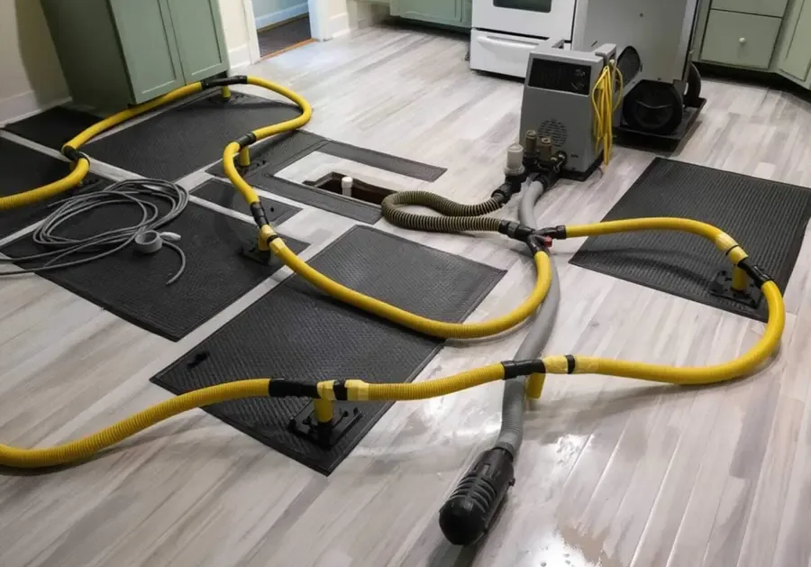 Air movers and dehumidifiers running together to dry out a room