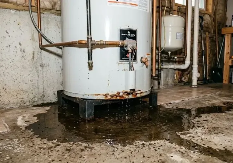 Corroded tank water heater with water spreading over a concrete floor
